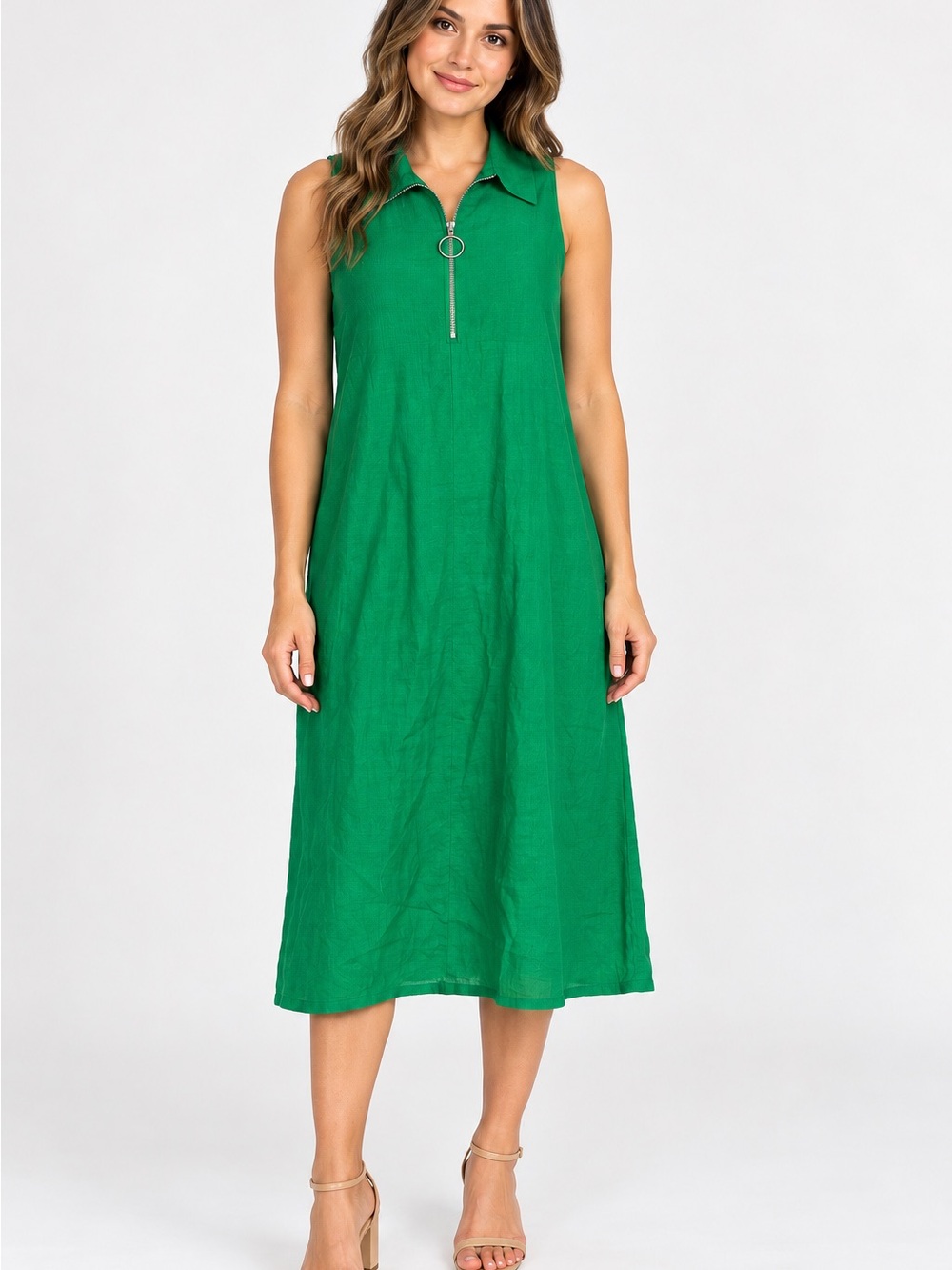 Zac & Rachel Green Sleeveless Collared Midi Dress Ring Zip Size M